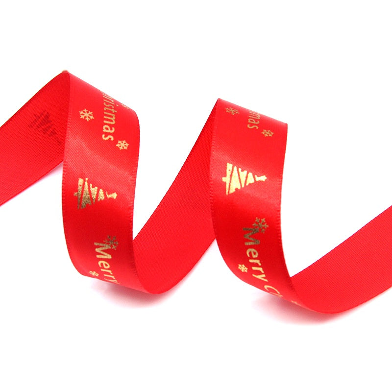 MajorCrafts 25mm 9metres Red & Gold Merry Christmas Satin Fabric Ribbon Roll