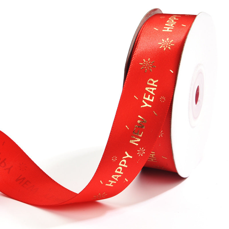 MajorCrafts 25mm 18metres Red & Gold Happy New Year Satin Fabric Ribbon Roll