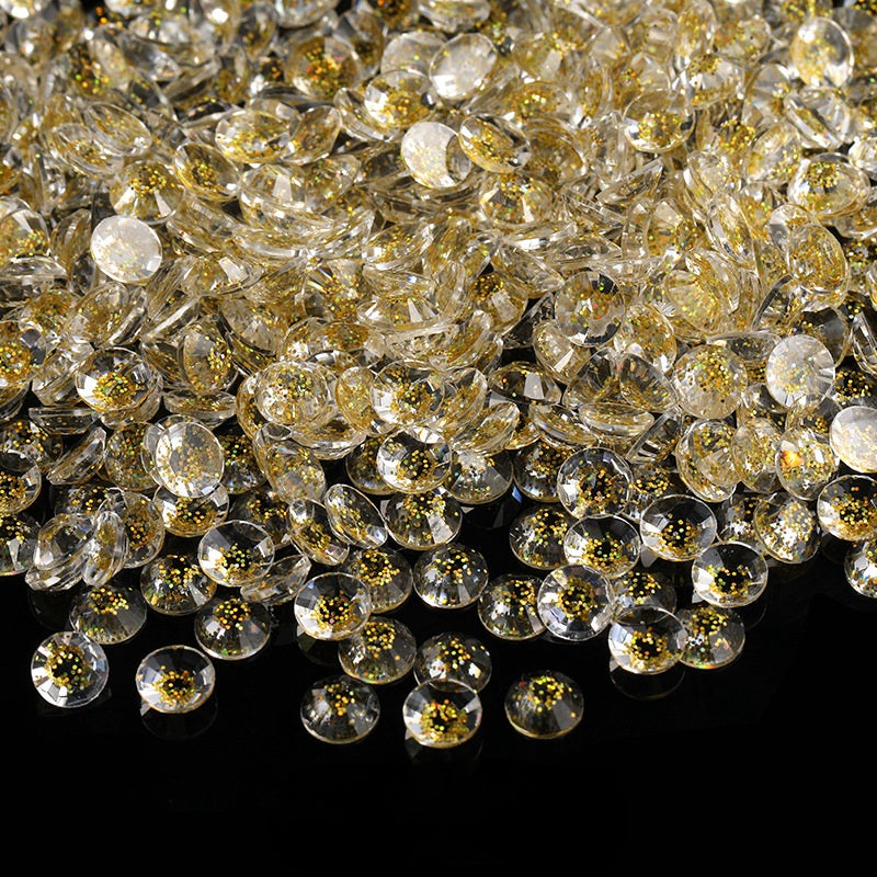 MajorCrafts Clear Gold Glittered Flat Back Round 14 Facets Resin Rhinestones