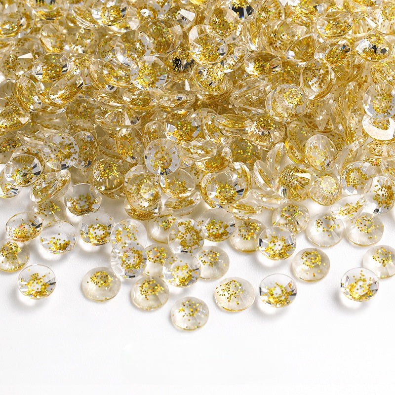 MajorCrafts Clear Gold Glittered Flat Back Round 14 Facets Resin Rhinestones