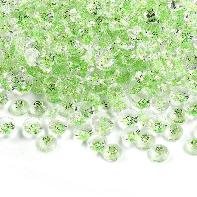 MajorCrafts Clear Green Glittered Flat Back Round 14 Facets Resin Rhinestones
