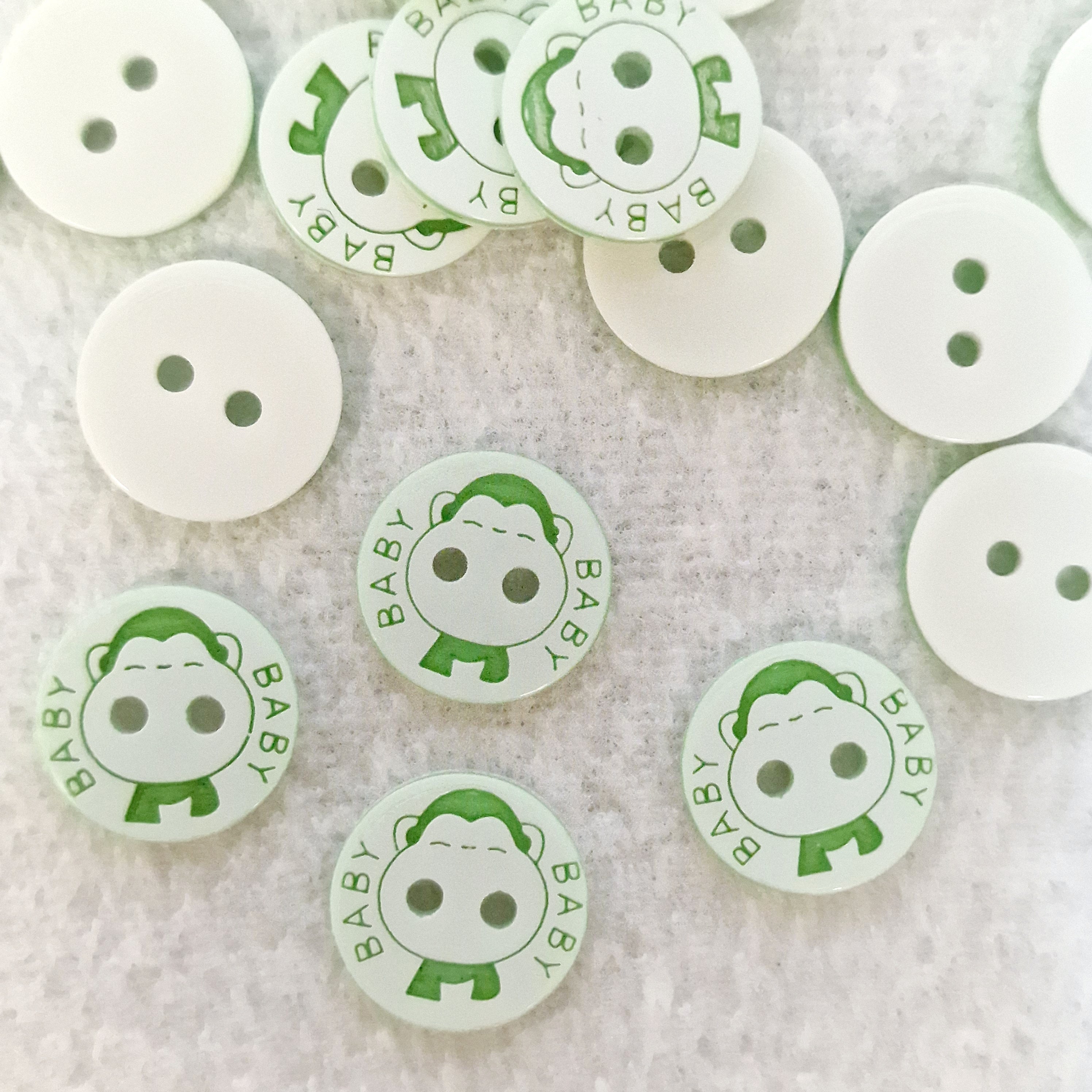 MajorCrafts 48pcs 12.5mm Green & White 'Baby' Printed 2 Holes Small Round Resin Sewing Buttons
