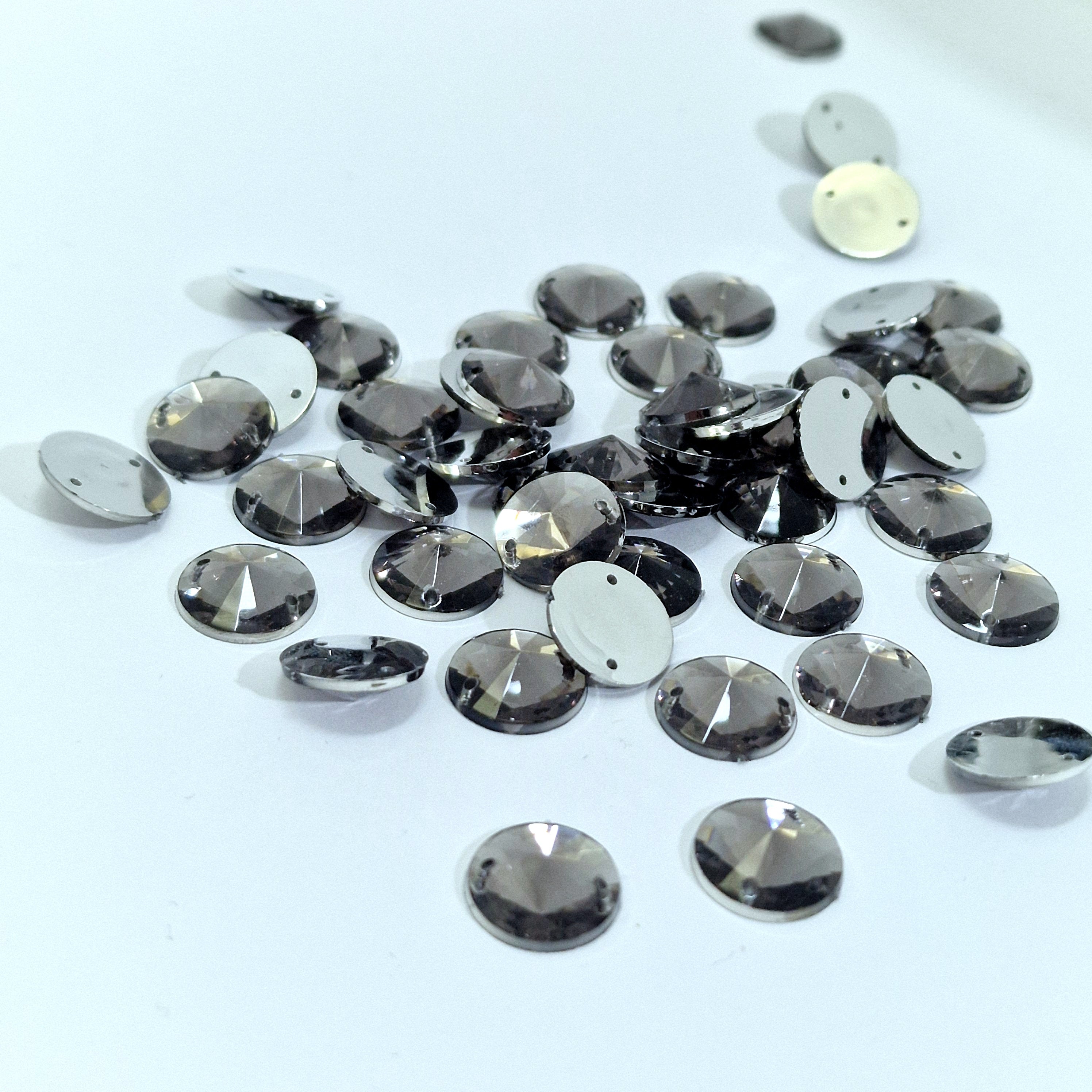 MajorCrafts 80pcs 12mm Grey Black Diamond  Round Acrylic Pointed Sewing Rhinestones
