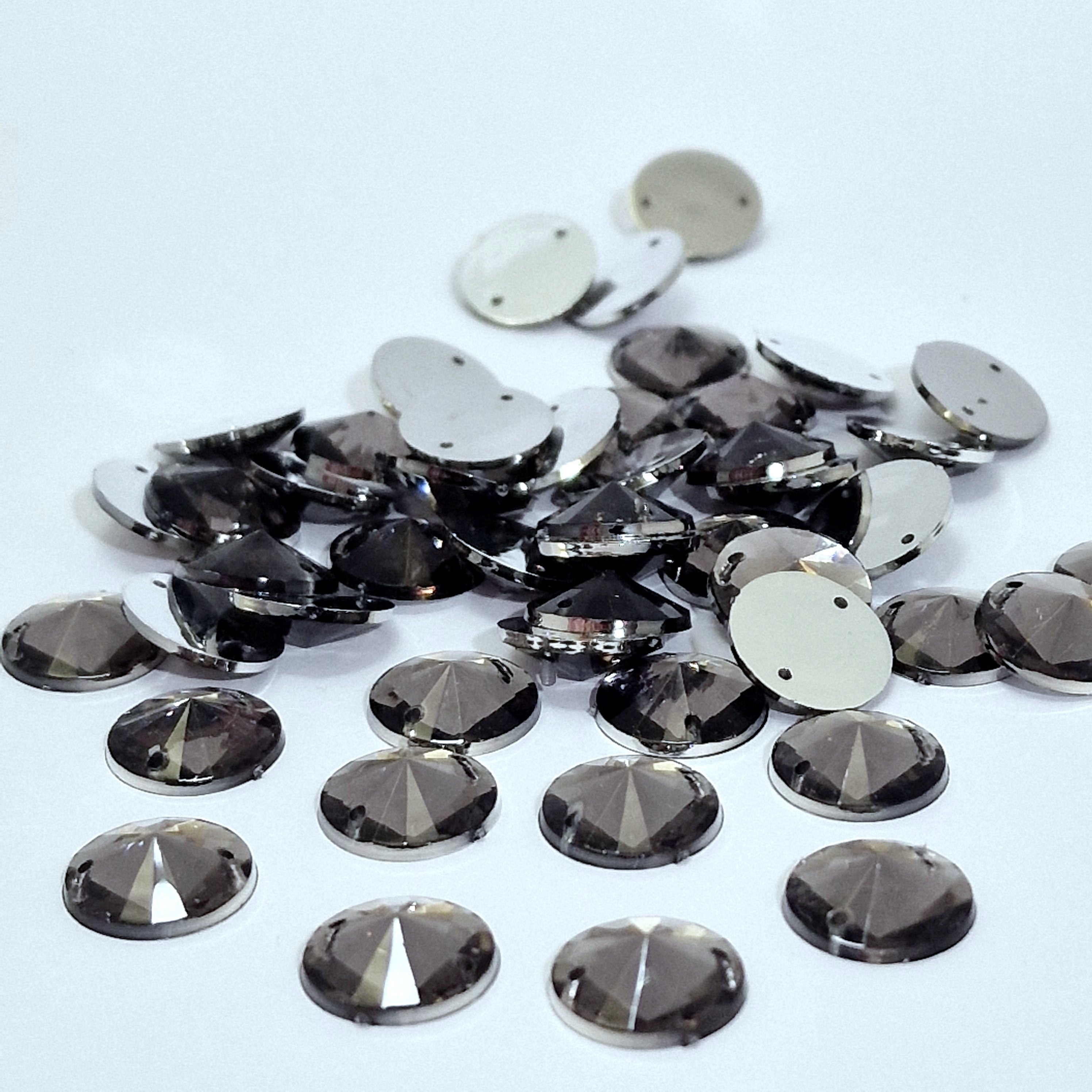 MajorCrafts 80pcs 12mm Grey Black Diamond  Round Acrylic Pointed Sewing Rhinestones