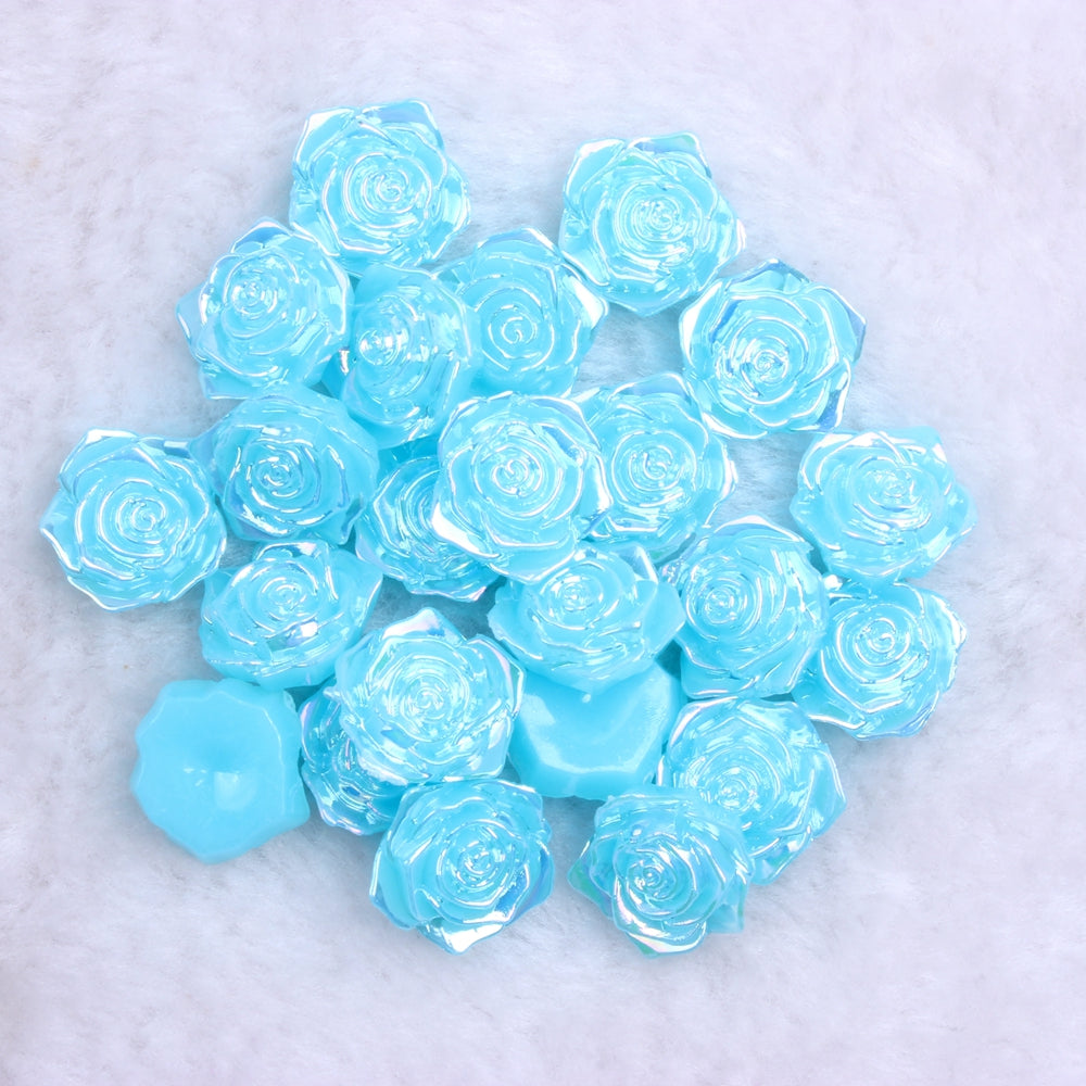 MajorCrafts 20pcs 18mm Aqua Blue Jelly AB Flat Back Rose Flower Resin Cabochon Pearls J13A