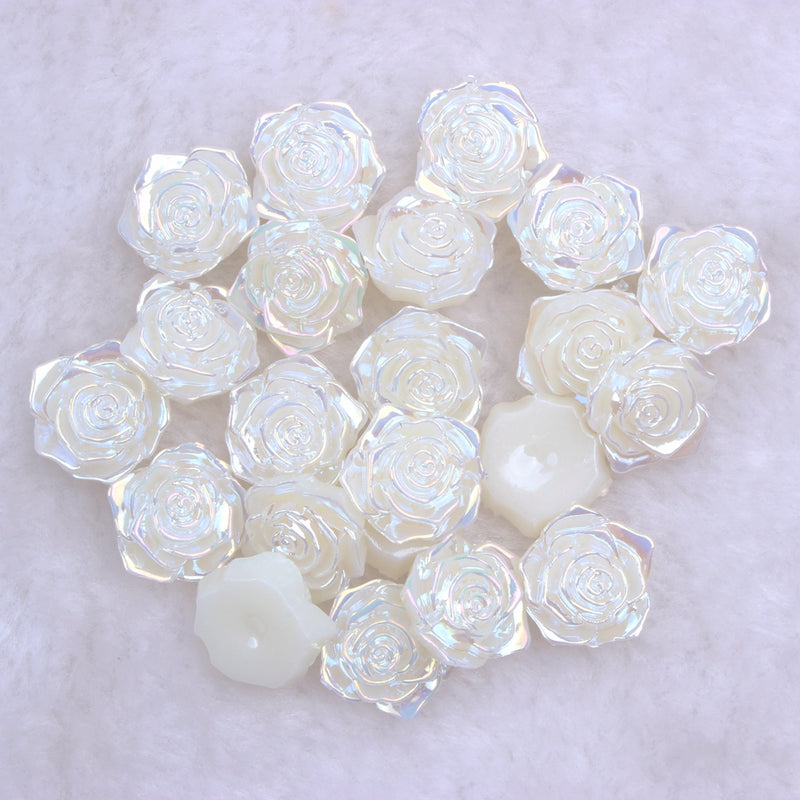 MajorCrafts 20pcs 18mm Cream Ivory Jelly AB Flat Back Rose Flower Resin Cabochon Pearls J14A