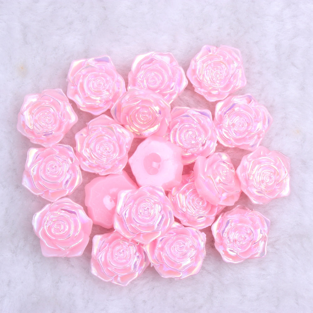 MajorCrafts 20pcs 18mm Light Pink Jelly AB Flat Back Rose Flower Resin Cabochon Pearls J15A
