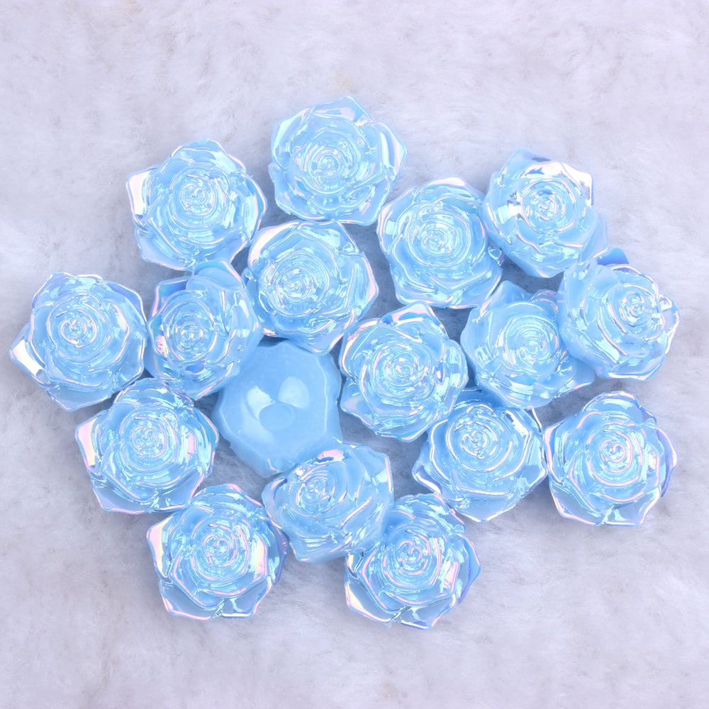 MajorCrafts 20pcs 18mm Light Blue Jelly AB Flat Back Rose Flower Resin Cabochon Pearls J17A