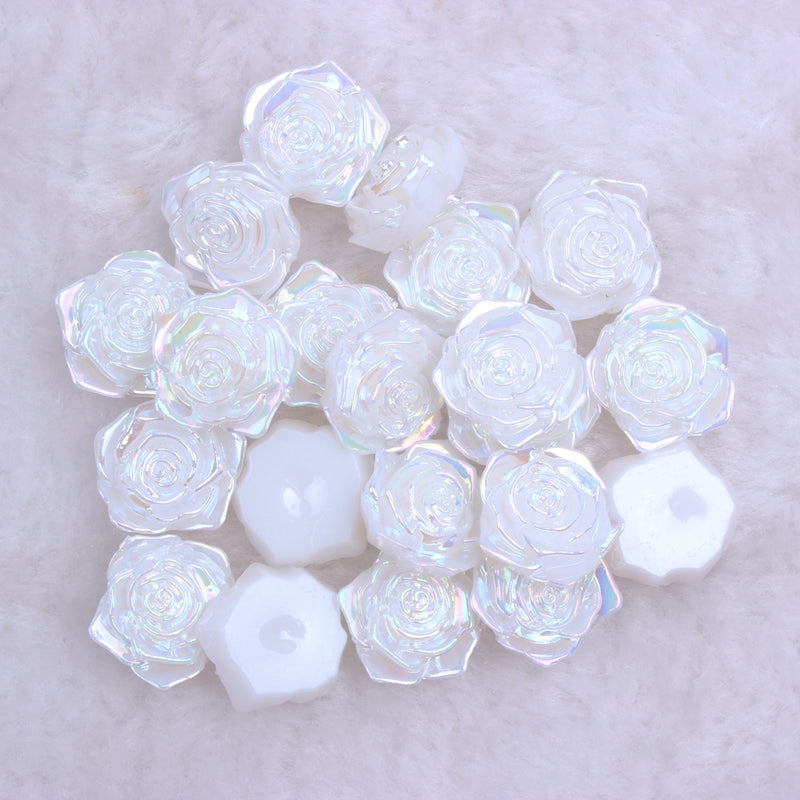 MajorCrafts 20pcs 18mm White Jelly AB Flat Back Rose Flower Resin Cabochon Pearls J19A