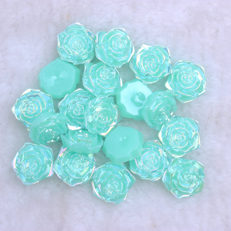 MajorCrafts 20pcs 18mm Aqua Green Jelly AB Flat Back Rose Flower Resin Cabochon Pearls J20A