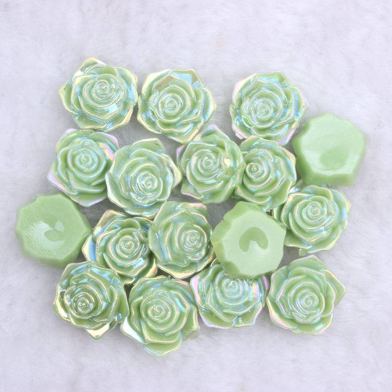 MajorCrafts 20pcs 18mm Olive Green Jelly AB Flat Back Rose Flower Resin Cabochon Pearls J23A
