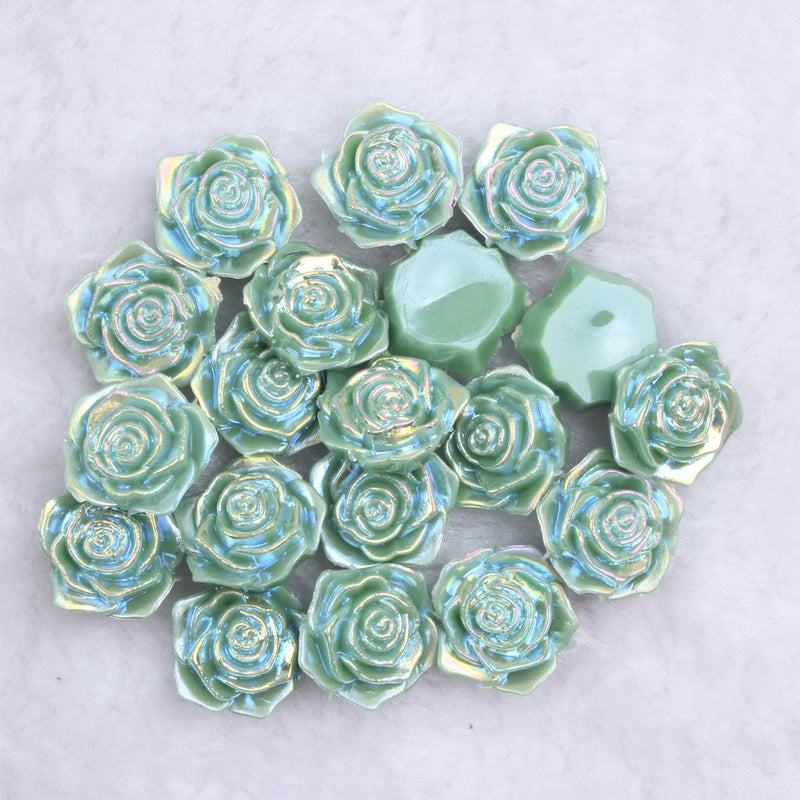 MajorCrafts 20pcs 18mm Dark Green Jelly AB Flat Back Rose Flower Resin Cabochon Pearls J24A