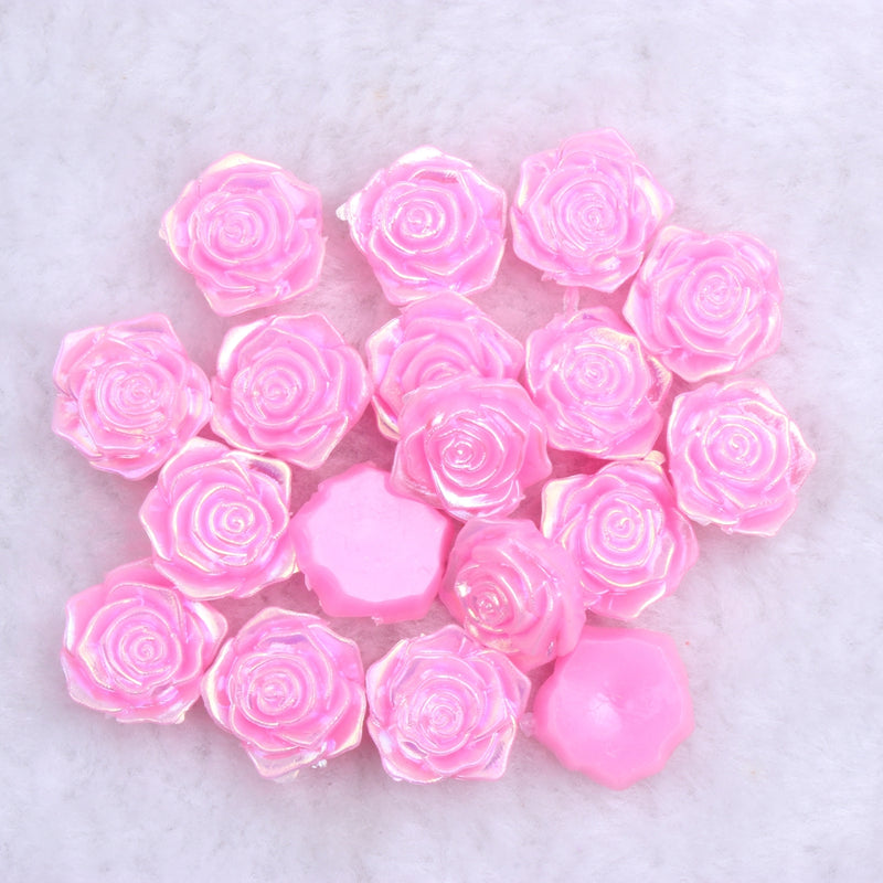MajorCrafts 20pcs 18mm Rose PinkJelly AB Flat Back Rose Flower Resin Cabochon Pearls J25A