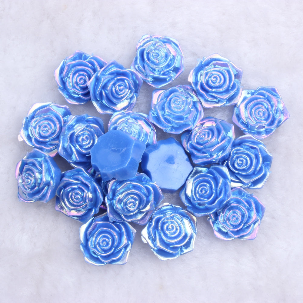 MajorCrafts 20pcs 18mm Royal Blue Jelly AB Flat Back Rose Flower Resin Cabochon Pearls J26A