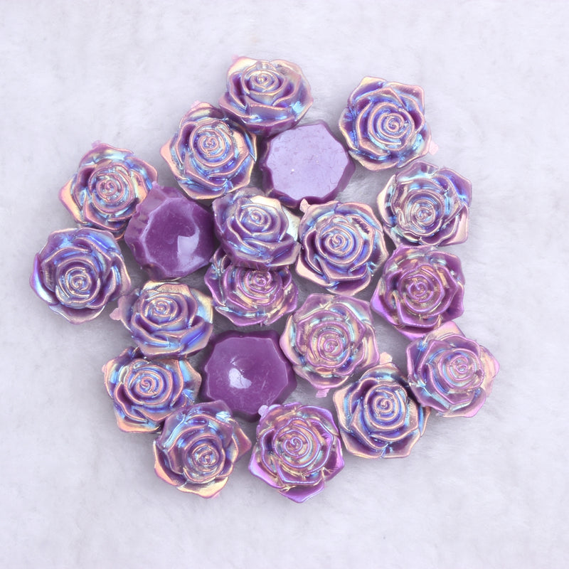 MajorCrafts 20pcs 18mm Dark Purple Jelly AB Flat Back Rose Flower Resin Cabochon Pearls J28A