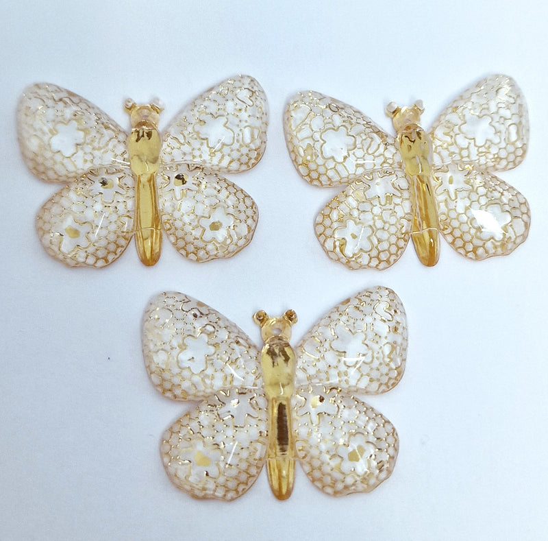 MajorCrafts 4pcs Cream and Gold 25x32mm Flat Back Butterfly Resin Pendants