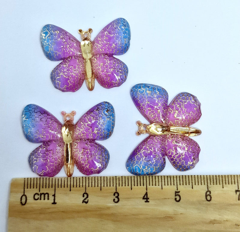 MajorCrafts 4pcs Blue and Purple 25x32mm Flat Back Butterfly Resin Pendants