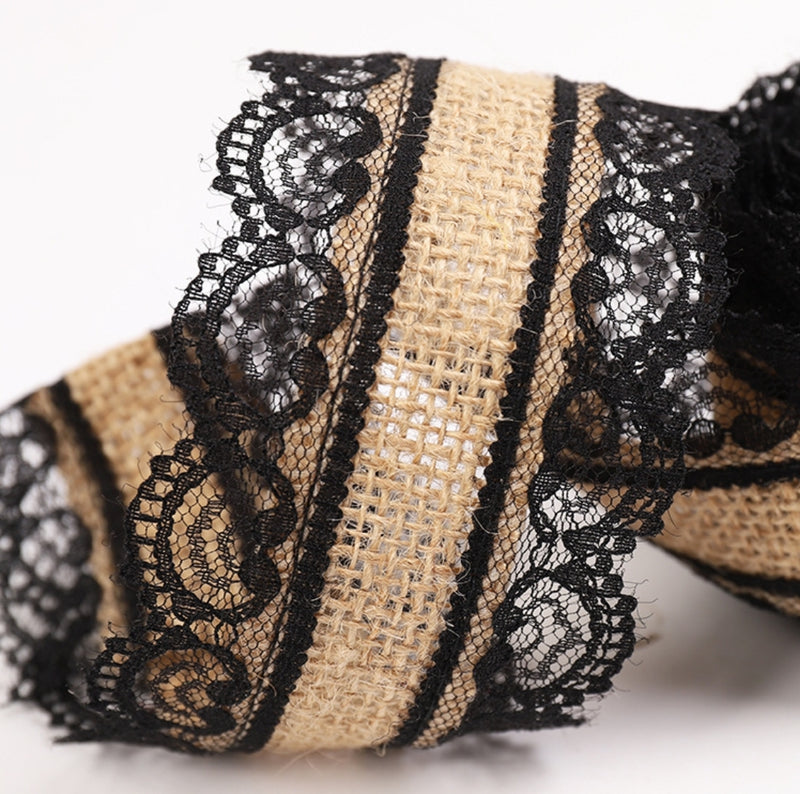 MajorCrafts 60mm 2metres Brown & Black Lace Burlap Hemp Woven Ribbon L03