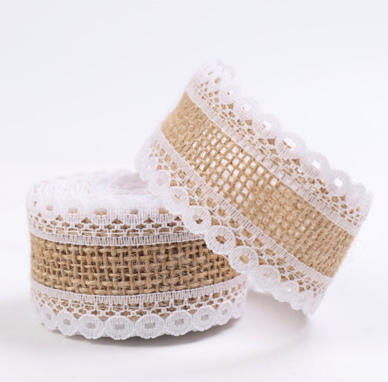 MajorCrafts 40mm 2metres Brown & White Lace Burlap Hemp Woven Ribbon L04