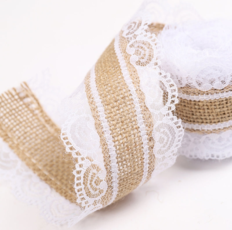 MajorCrafts 60mm 2metres Brown & White Lace Burlap Hemp Woven Ribbon L05