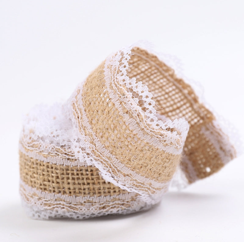 MajorCrafts 40mm 2metres Brown & White Lace Burlap Hemp Woven Ribbon L06