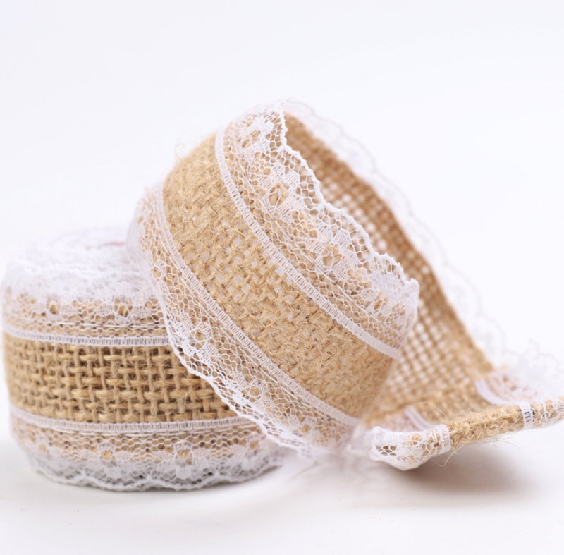 MajorCrafts 40mm 2metres Brown & White Lace Burlap Hemp Woven Ribbon L08