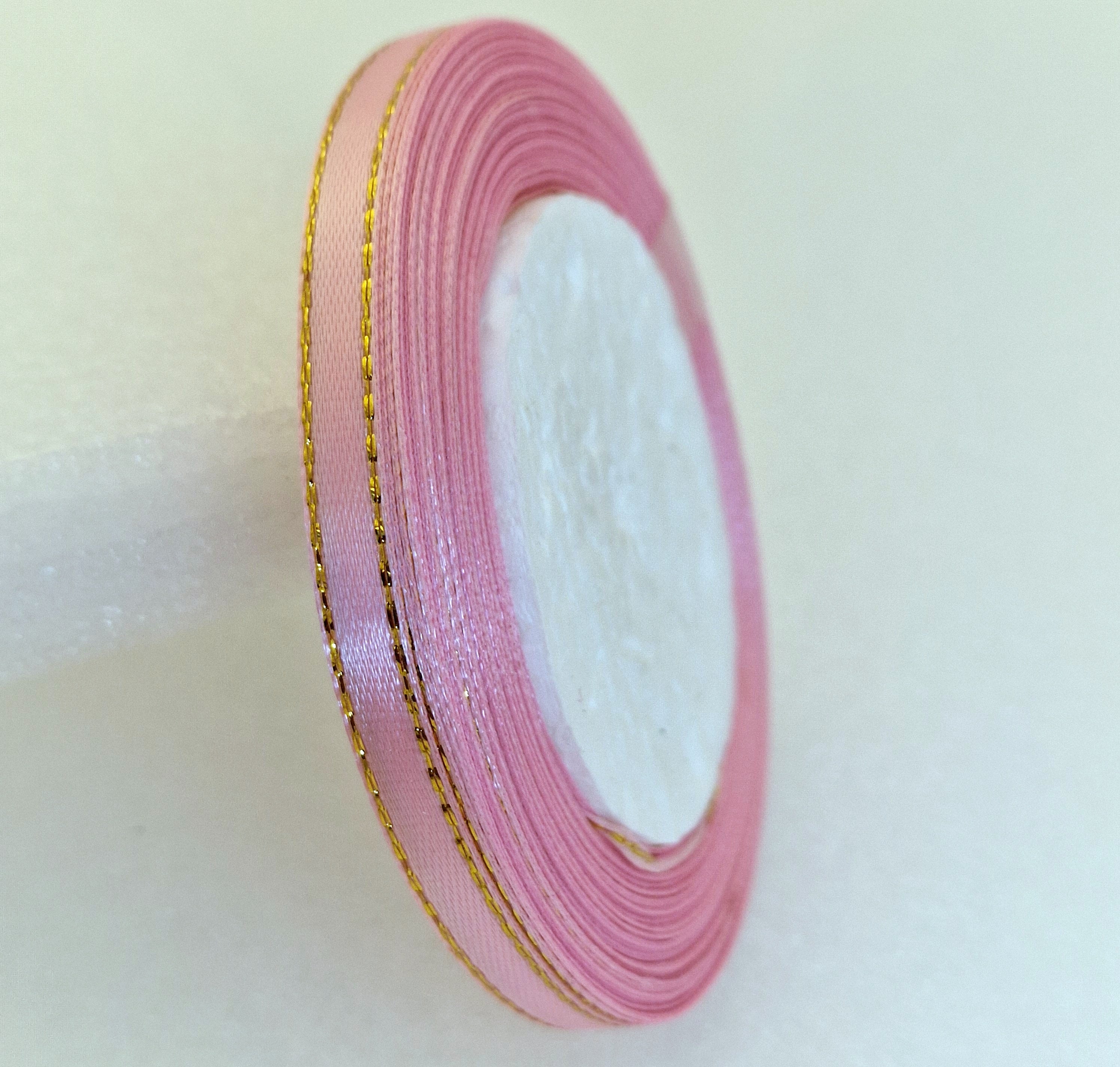 MajorCrafts 6mm 22metres Light Pink with Gold Edge Trim Satin Fabric Ribbon Roll