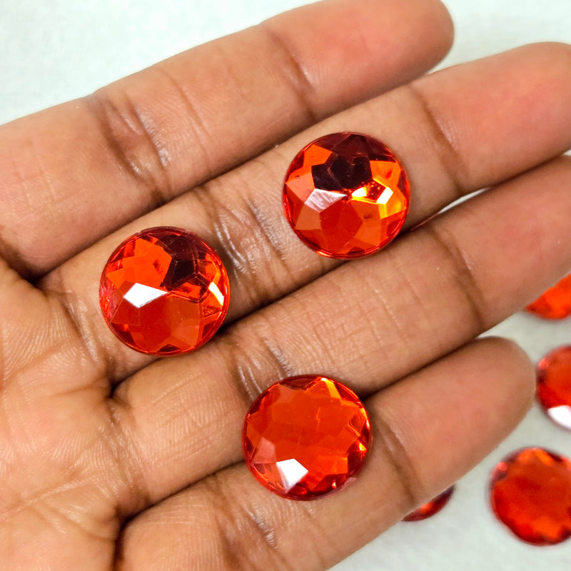 MajorCrafts 50pcs 16mm Light Red Star Facets Flat Back Round Acrylic Rhinestones