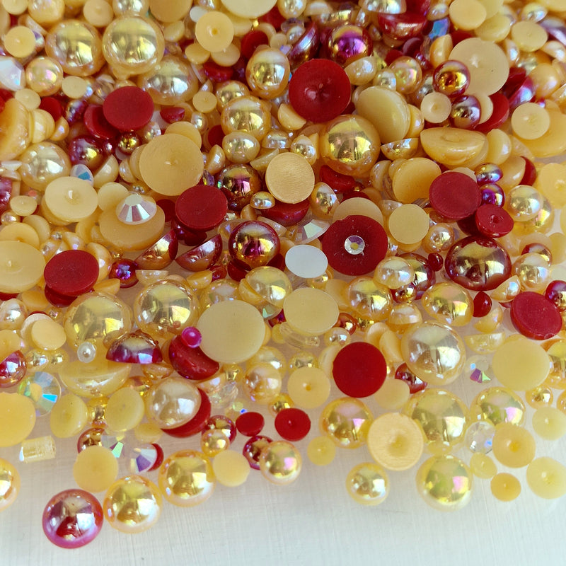 MajorCrafts 50g Mixed Orange Red 3mm-10mm Flat Back Resin Rhinestones & Pearls MX09
