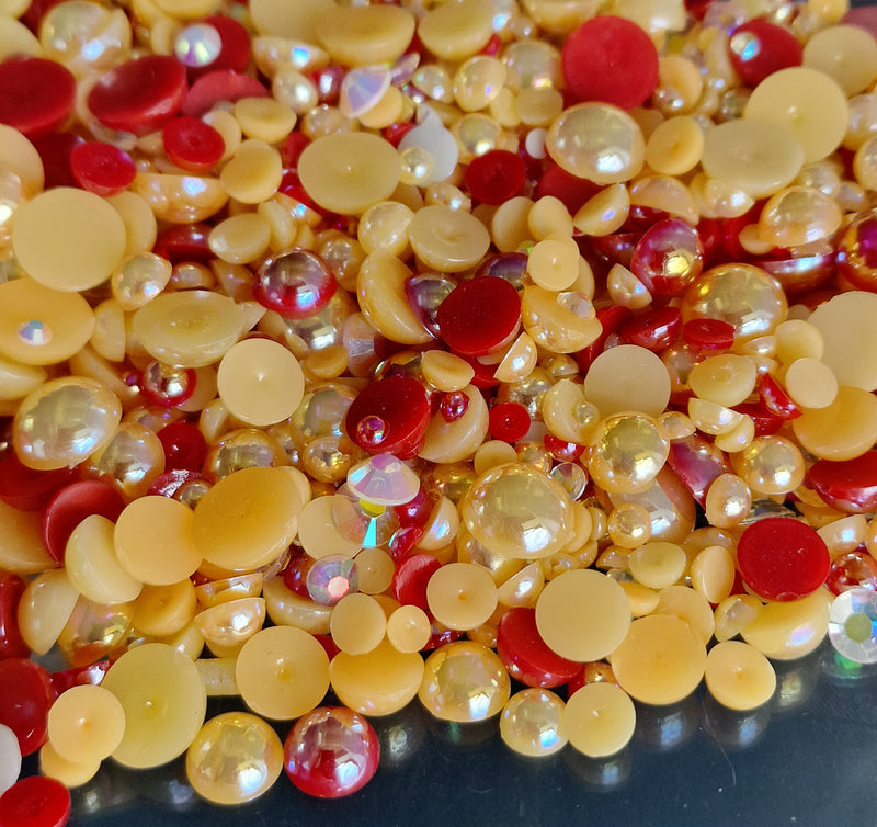 MajorCrafts 50g Mixed Orange Red 3mm-10mm Flat Back Resin Rhinestones & Pearls MX09