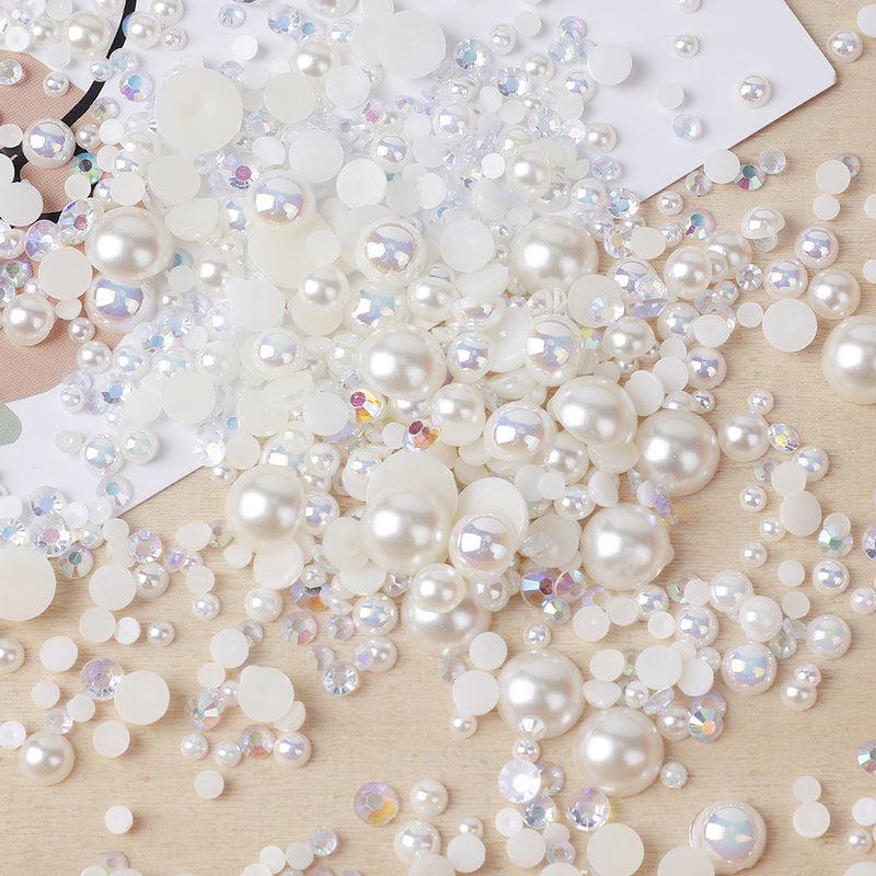MajorCrafts 50g Mixed Cream Ivory 3mm-10mm Flat Back Resin Rhinestones & Pearls MX14