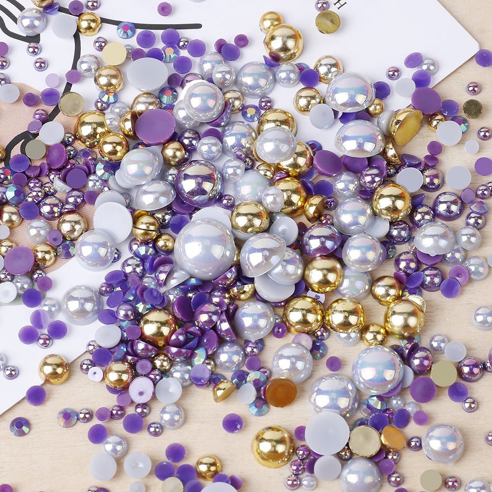 MajorCrafts 50g Mixed Gold Purple 3mm-10mm Flat Back Resin Rhinestones & Pearls MX16