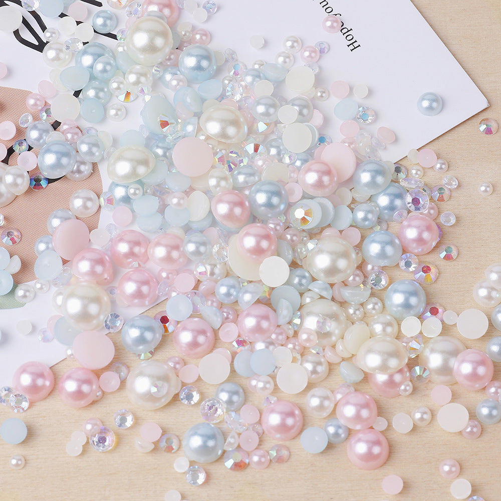 MajorCrafts 50g Mixed Pastel Blue Pink 3mm-10mm Flat Back Resin Rhinestones & Pearls MX19