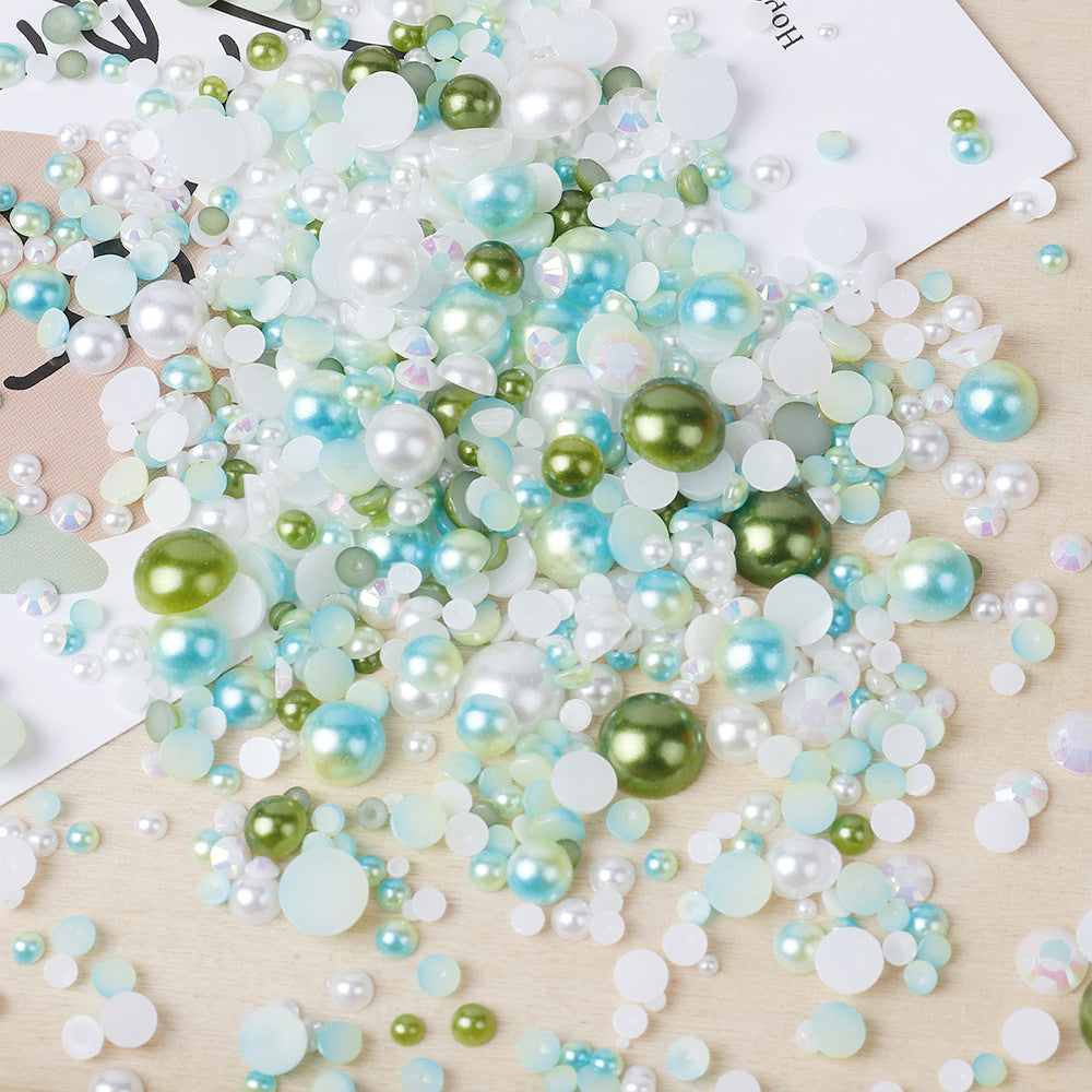 MajorCrafts 50g Mixed White Green 3mm-10mm Flat Back Resin Rhinestones & Pearls MX20