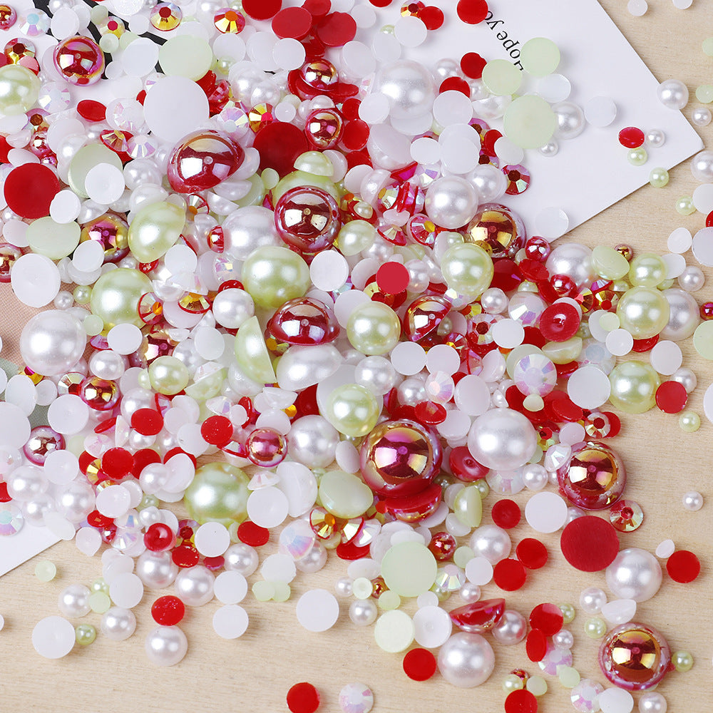 MajorCrafts 50g Mixed Red Green 3mm-10mm Flat Back Resin Rhinestones & Pearls MX21