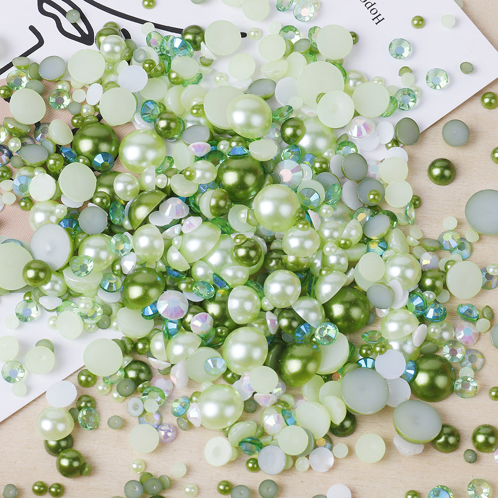 MajorCrafts 50g Mixed Green 3mm-10mm Flat Back Resin Rhinestones & Pearls MX25