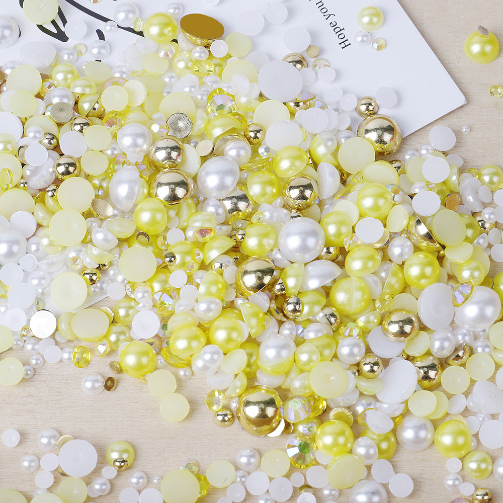 MajorCrafts 50g Mixed Yellow Gold 3mm-10mm Flat Back Resin Rhinestones & Pearls MX30