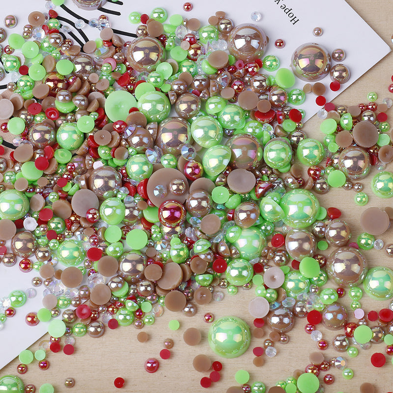 MajorCrafts 50g Mixed Brown, Green, Red 3mm-10mm Flat Back Resin Rhinestones & Pearls MX31