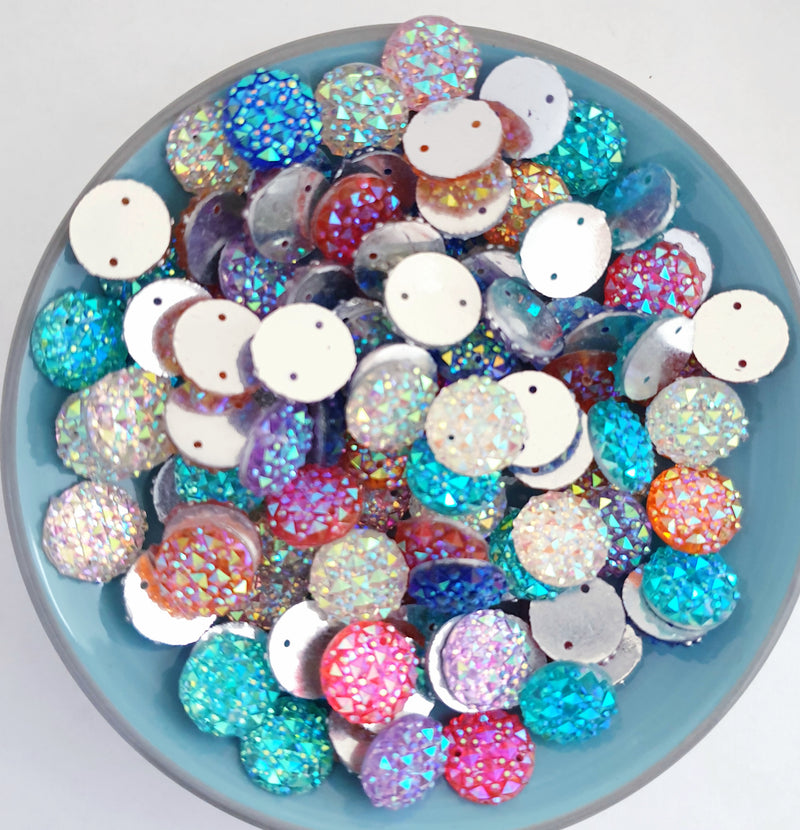MajorCrafts 50pcs 12mm Mixed AB Round 2 Holes Resin Sew On Multi-Facets Rhinestones