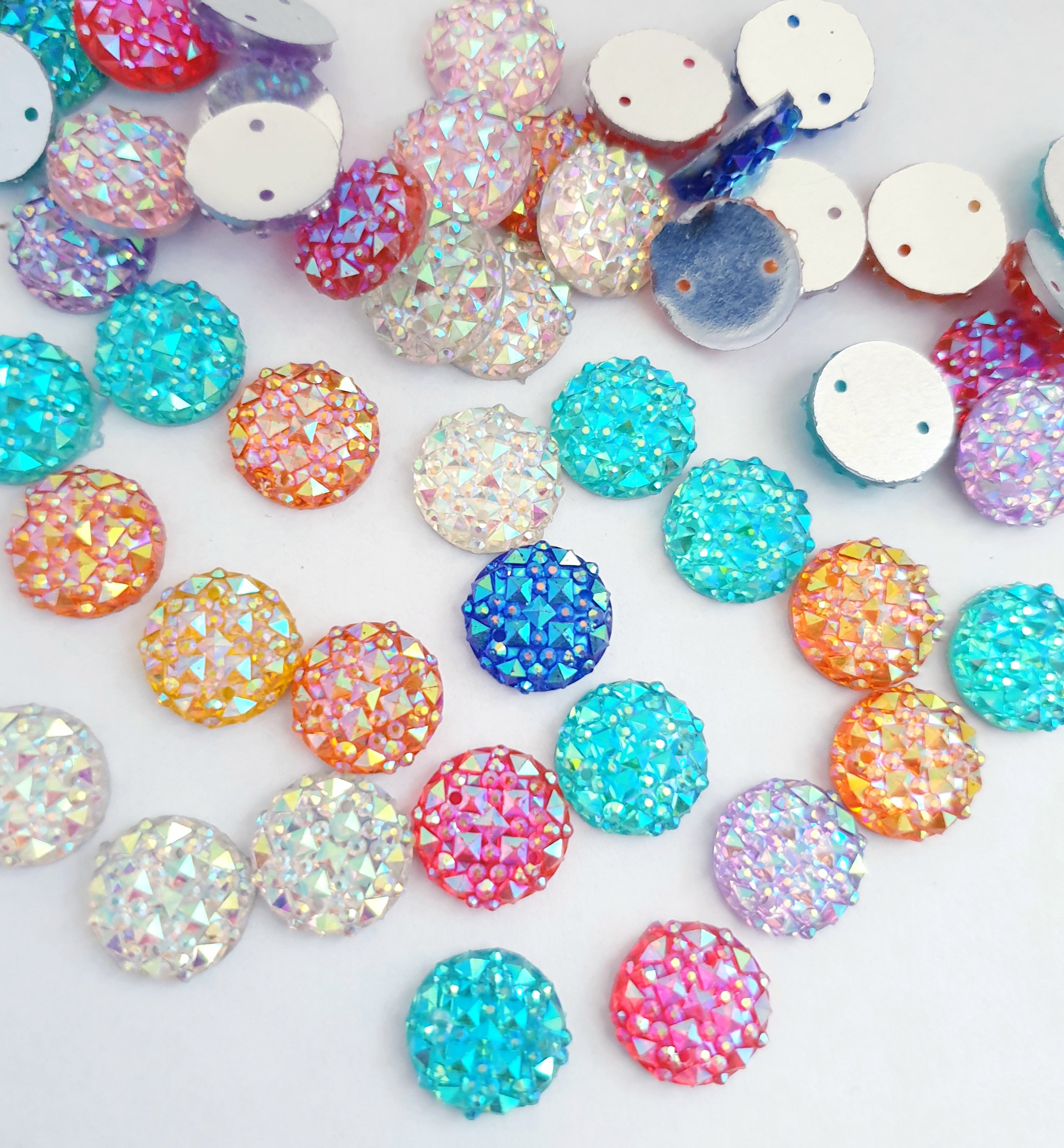 MajorCrafts 50pcs 12mm Mixed AB Round 2 Holes Resin Sew On Multi-Facets Rhinestones