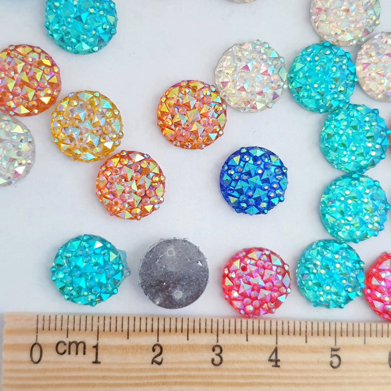 MajorCrafts 50pcs 12mm Mixed AB Round 2 Holes Resin Sew On Multi-Facets Rhinestones