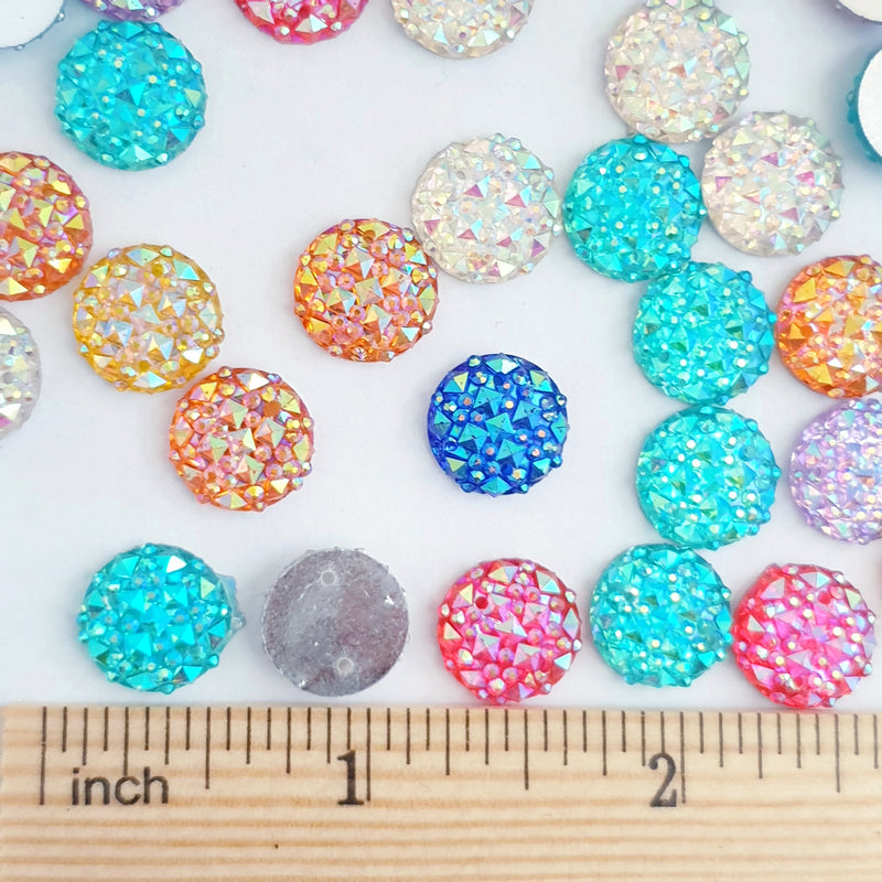 MajorCrafts 50pcs 12mm Mixed AB Round 2 Holes Resin Sew On Multi-Facets Rhinestones
