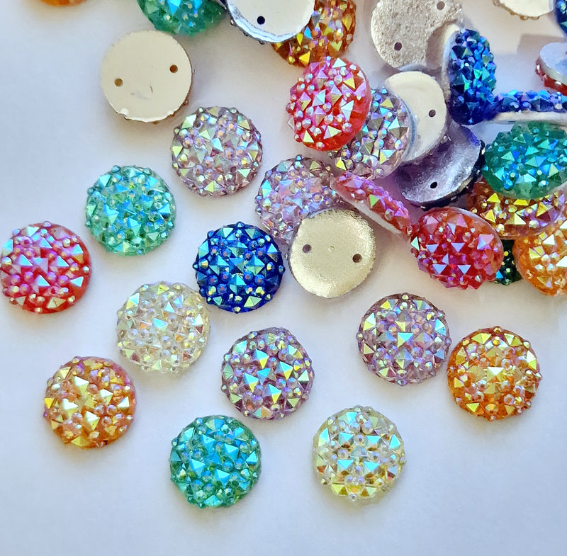 MajorCrafts 50pcs 12mm Mixed AB Round 2 Holes Resin Sew On Multi-Facets Rhinestones