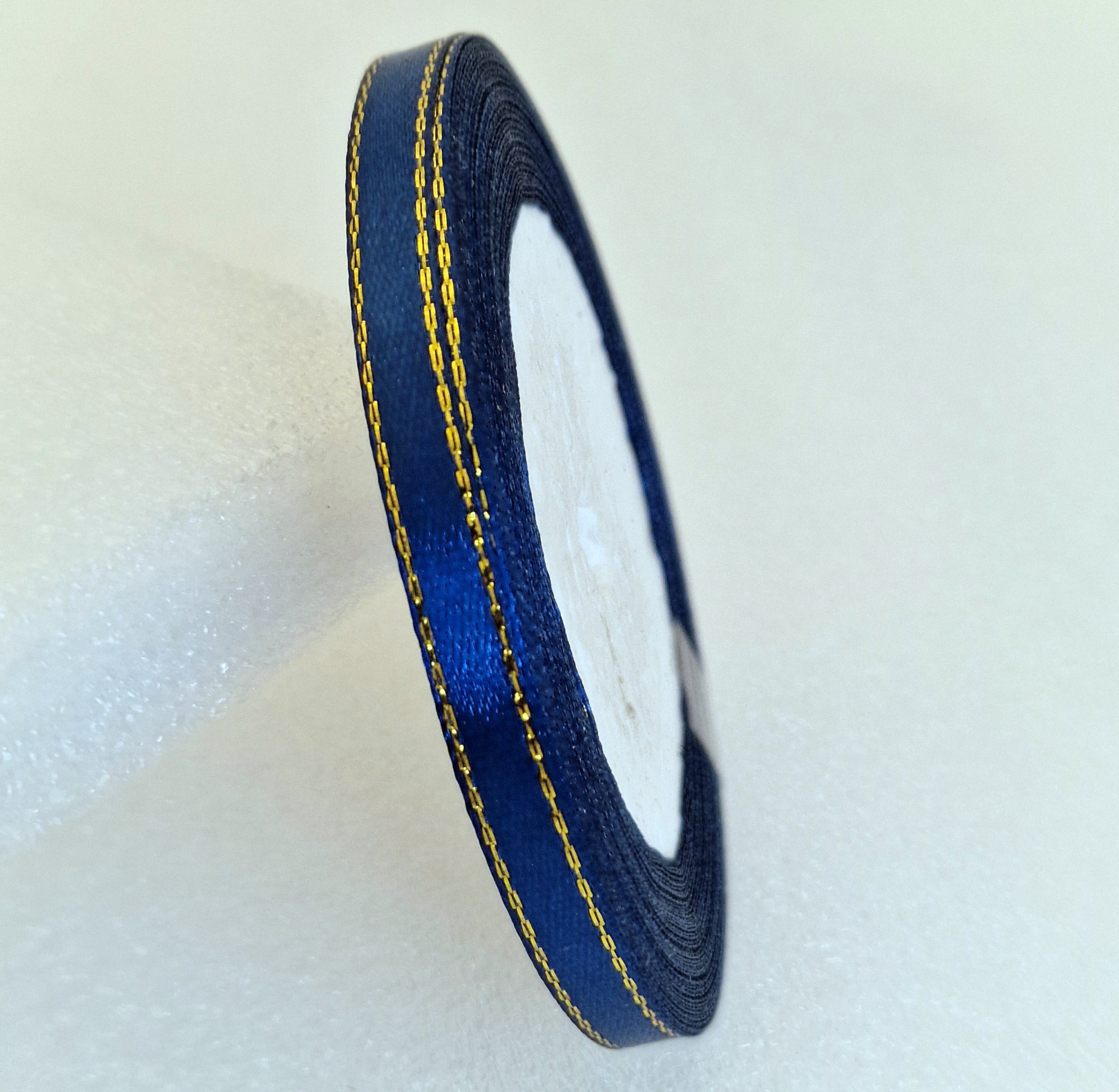 MajorCrafts 6mm 22metres Navy Blue with Gold Edge Trim Satin Fabric Ribbon Roll