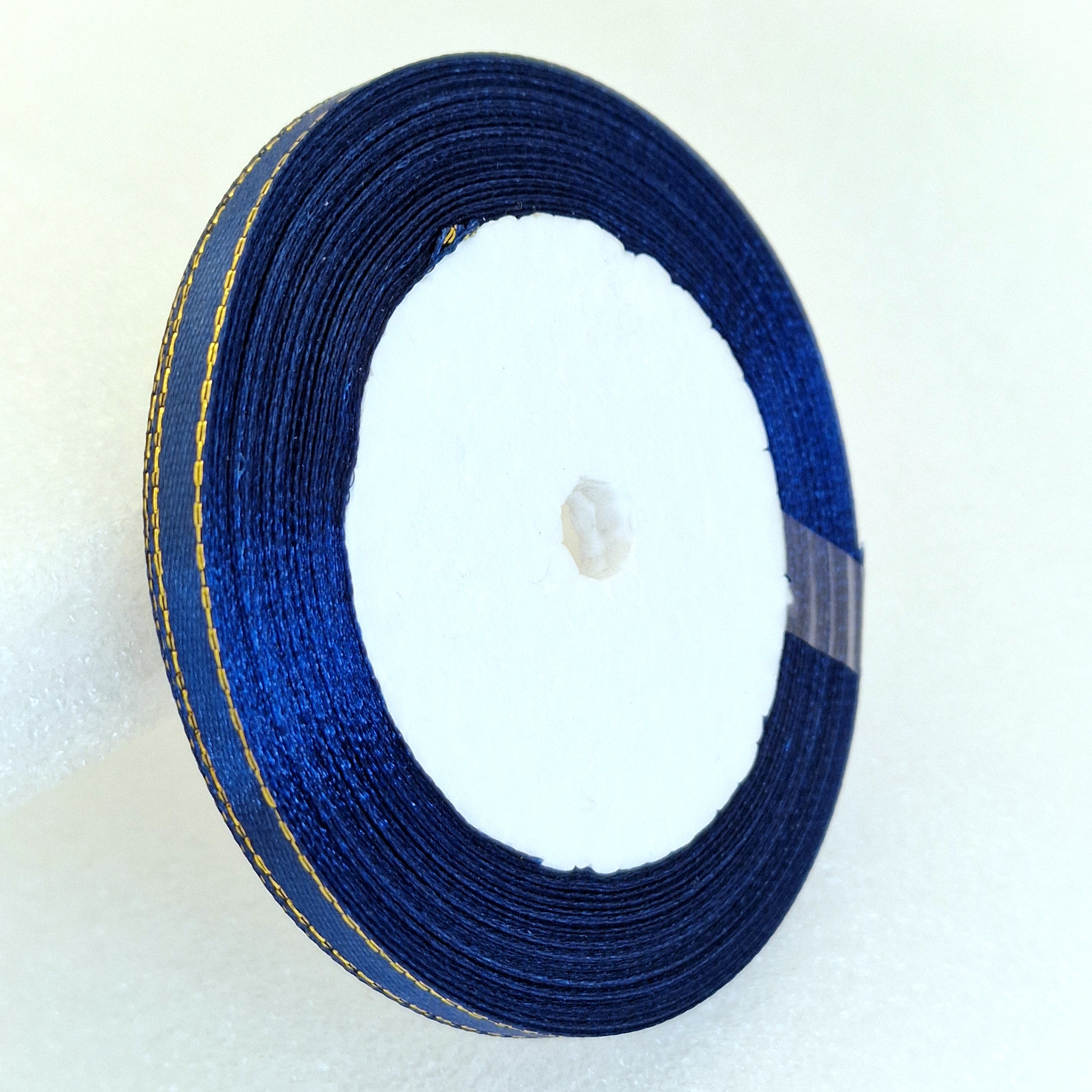 MajorCrafts 6mm 22metres Navy Blue with Gold Edge Trim Satin Fabric Ribbon Roll