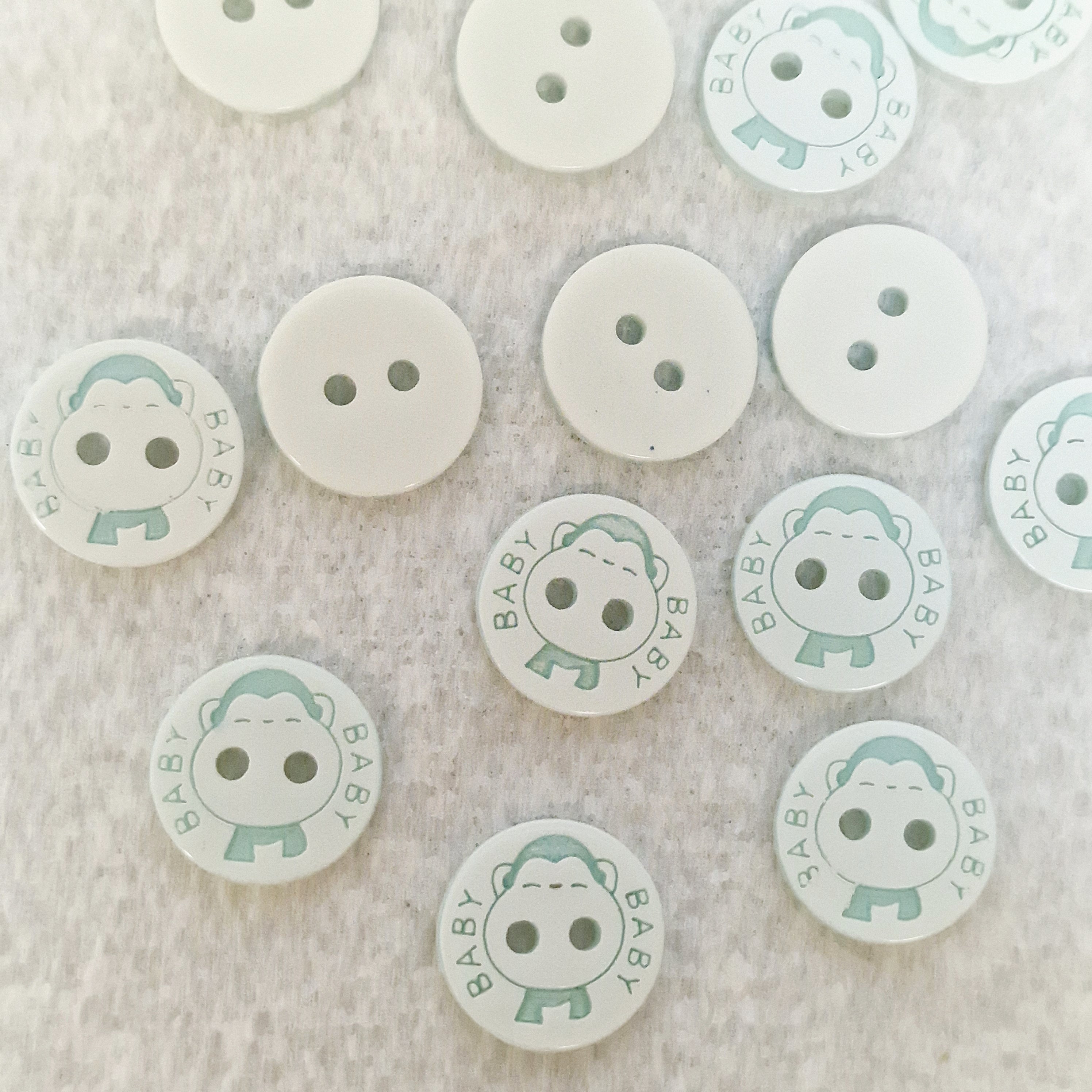 MajorCrafts 48pcs 12.5mm Pale Blue Green & White 'Baby' Printed 2 Holes Small Round Resin Sewing Buttons