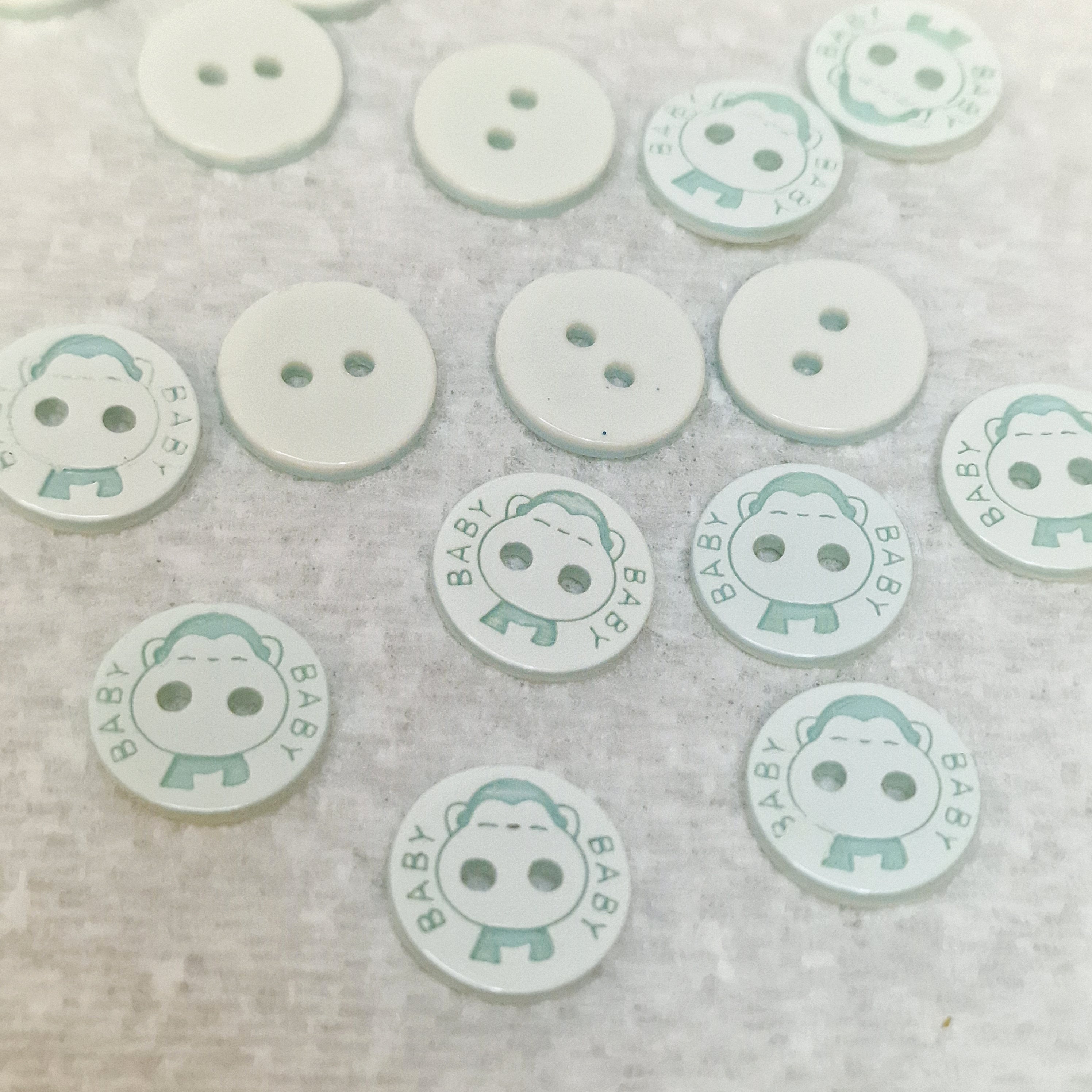 MajorCrafts 48pcs 12.5mm Pale Blue Green & White 'Baby' Printed 2 Holes Small Round Resin Sewing Buttons