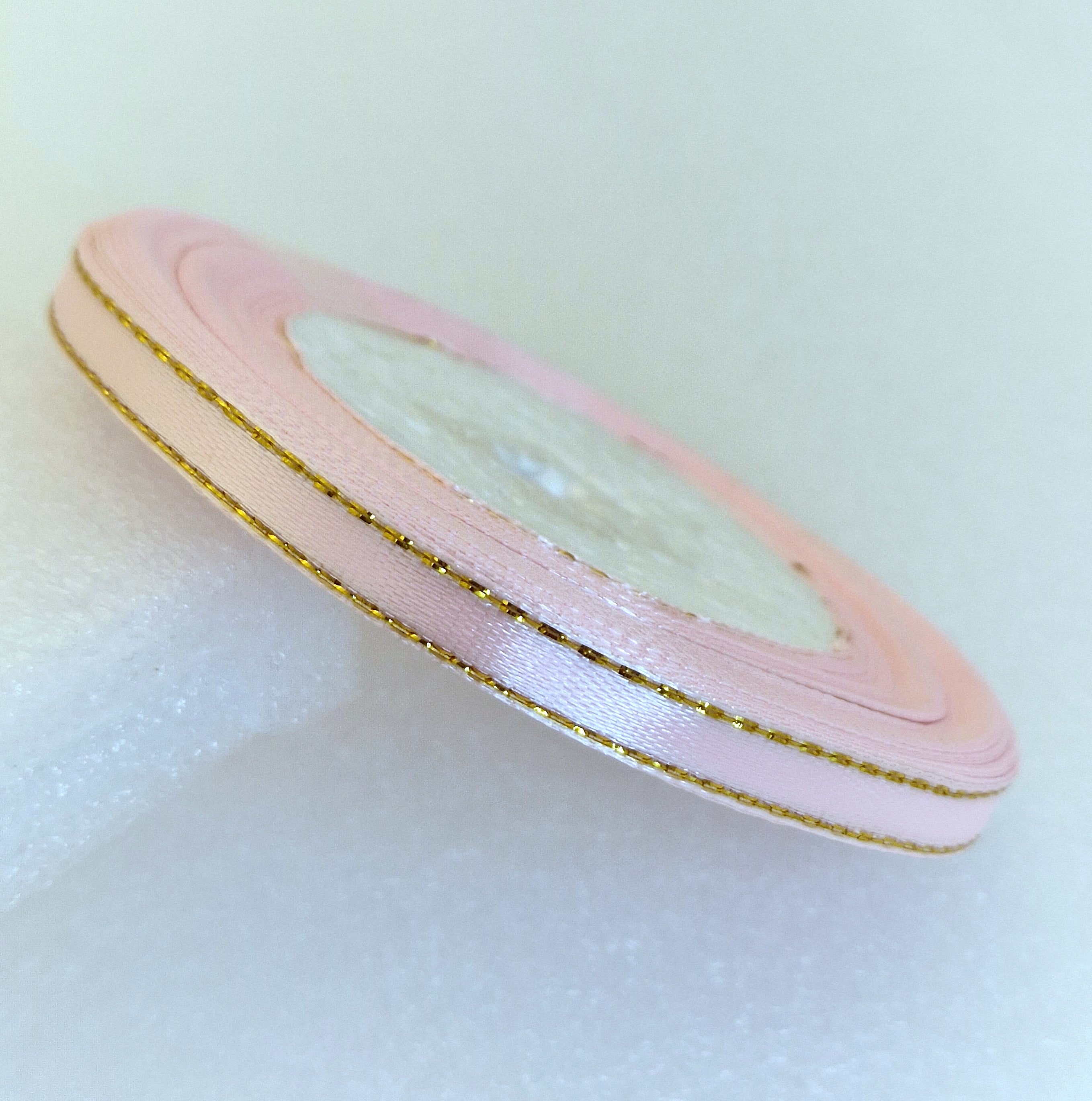 MajorCrafts 6mm 22metres Pastel Pink with Gold Edge Trim Satin Fabric Ribbon Roll