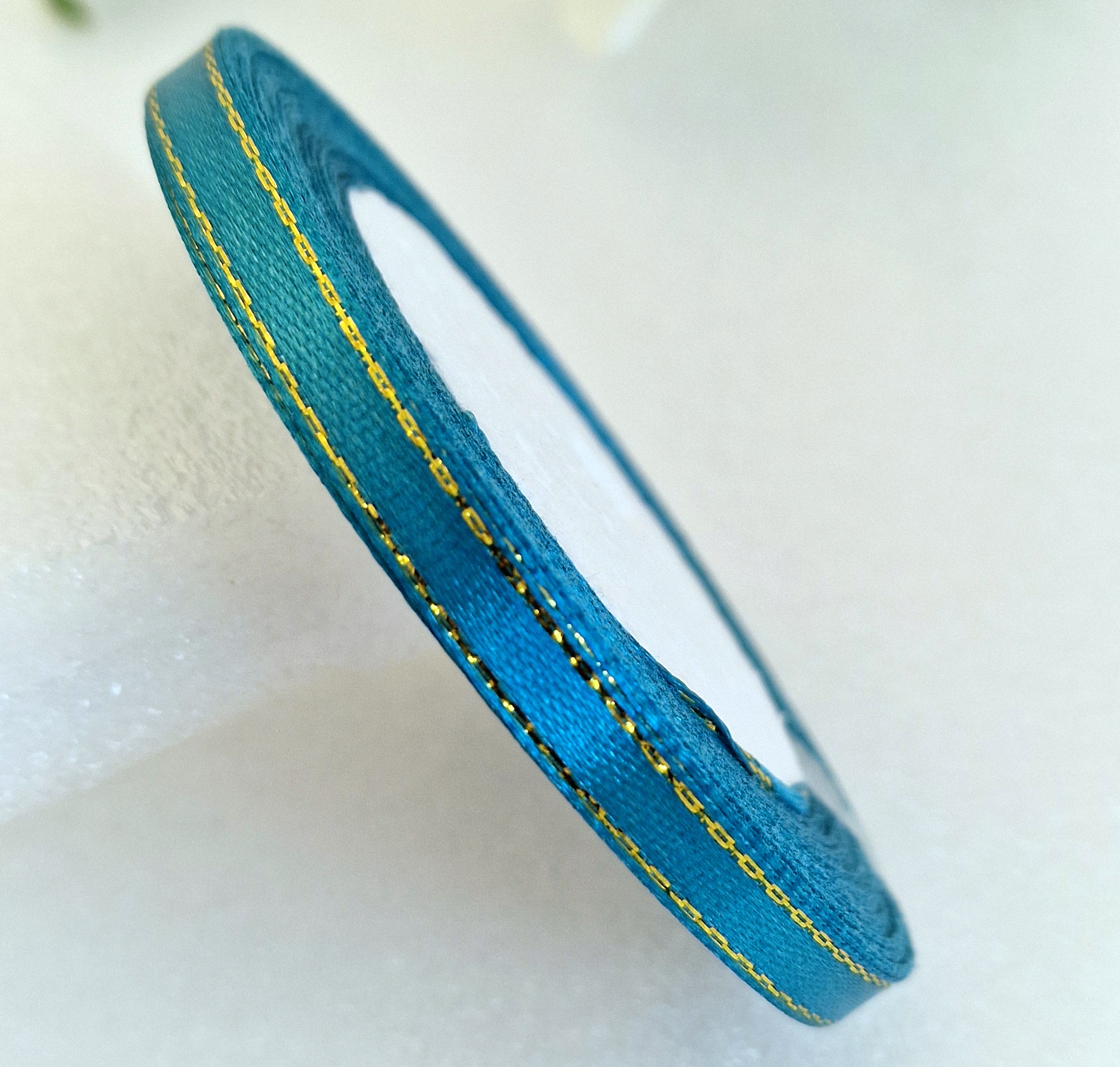 MajorCrafts 6mm 22metres Peacock Blue with Gold Edge Trim Satin Fabric Ribbon Roll