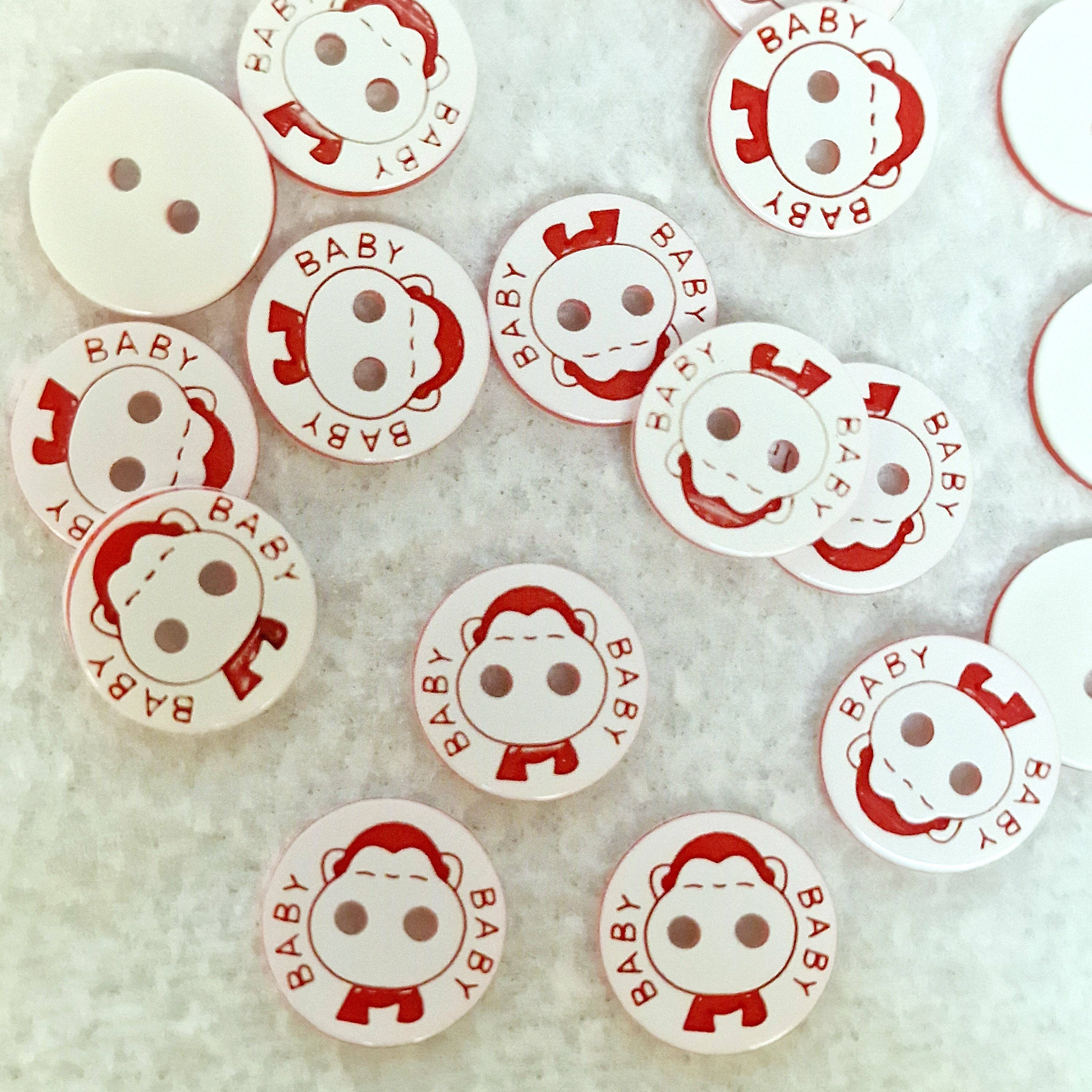 MajorCrafts 48pcs 12.5mm Red & White 'Baby' Printed 2 Holes Small Round Resin Sewing Buttons
